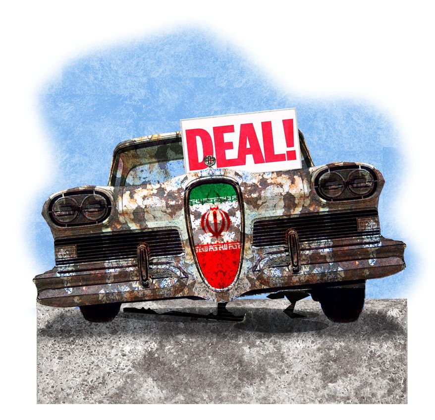 Illustration on a new Iran deal by Alexander Hunter/The Washington Times