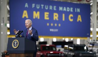President Joe Biden speaks at the Ford Rouge EV Center, Tuesday, May 18, 2021, in Dearborn, Mich. (AP Photo/Evan Vucci)