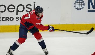 Washington Capitals right wing T.J. Oshie (77) in action during the second period of Game 2 of an NHL hockey Stanley Cup first-round playoff series against the Boston Bruins, Monday, May 17, 2021, in Washington. (AP Photo/Alex Brandon) **FILE**