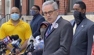 In this Friday, May 14, 2021 photo, Philadelphia District Attorney Larry Krasner speaks during a news conference where the Guardian Civic League and Club Valiants, the fraternal organizations that represent Black and Latino police and firefighters, endorsed him for the upcoming Democratic primary, in Philadelphia. (AP Photo/Claudia Lauer)