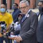 In this Friday, May 14, 2021 photo, Philadelphia District Attorney Larry Krasner speaks during a news conference where the Guardian Civic League and Club Valiants, the fraternal organizations that represent Black and Latino police and firefighters, endorsed him for the upcoming Democratic primary, in Philadelphia. (AP Photo/Claudia Lauer)