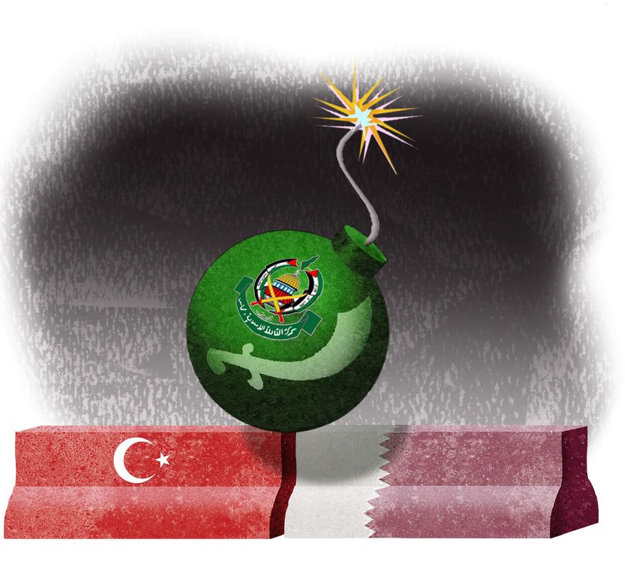 Illustration on Hamas and its support against Israel by Alexander Hunter/The Washington Times