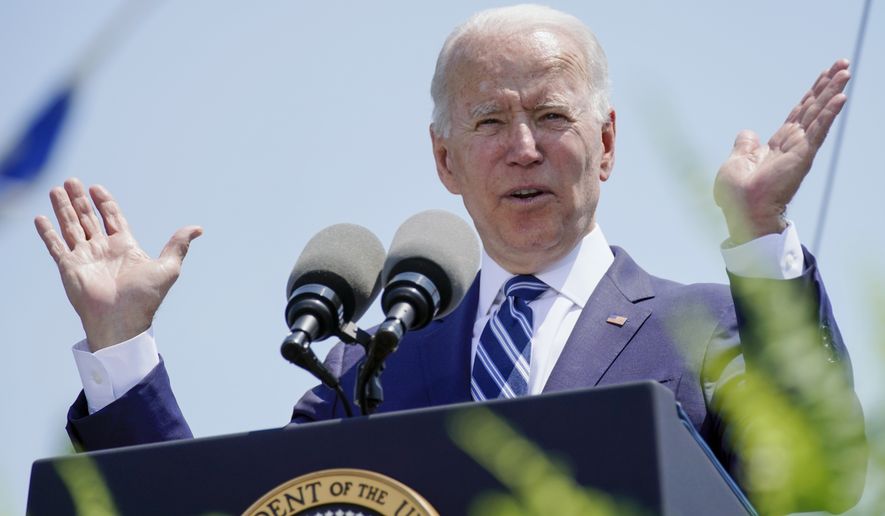 President Joe Biden speaks at the commencement for the United States Coast Guard Academy in New London, Conn., Wednesday, May 19, 2021. (AP Photo/Andrew Harnik)
