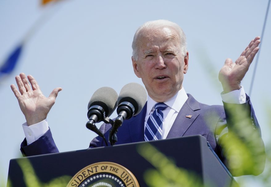 President Joe Biden speaks at the commencement for the United States Coast Guard Academy in New London, Conn., Wednesday, May 19, 2021. (AP Photo/Andrew Harnik)