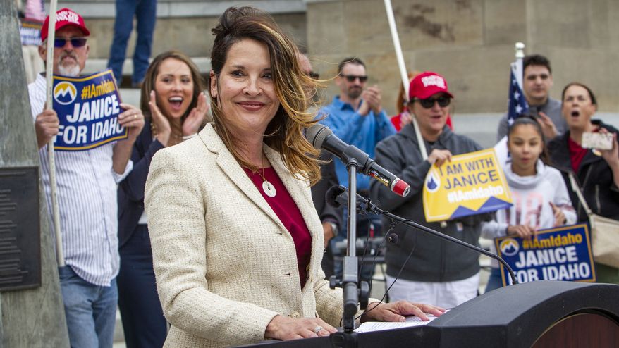 Lt. Gov. Janice McGeachin announces her candidacy to become governor of Idaho at a rally on the Statehouse steps, Wednesday, May 19, 2021, in Boise, Idaho. (Darin Oswald/Idaho Statesman via AP)