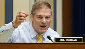 Rep. Jim Jordan, R-Ohio, speaks during a House Select Subcommittee on the Coronavirus Crisis hybrid hearing on Capitol Hill in Washington, Wednesday, May 19, 2021. The hearing is examining Emergent BioSolutions, a Maryland biotech firm whose Baltimore plant ruined millions of doses of the coronavirus vaccine. (AP Photo/Susan Walsh, Pool) **FILE**