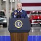 President Joe Biden speaks at the Ford Rouge EV Center, Tuesday, May 18, 2021, in Dearborn, Mich. (AP Photo/Evan Vucci)