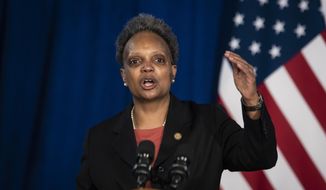 In this Thursday, April 15, 2021, file photo, Mayor Lori Lightfoot discusses the videos of 13-year-old Adam Toledo, who was fatally shot by a Chicago police officer, during a news conference at City Hall in Chicago. (Ashlee Rezin Garcia/Chicago Sun-Times via AP, File)