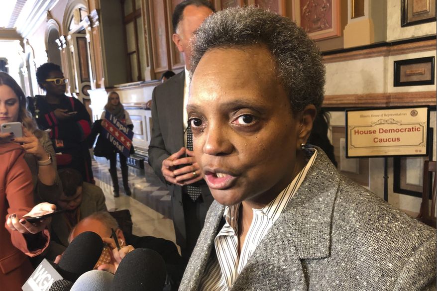FILE - In this Nov. 12, 2019, file photo, Chicago Mayor Lori Lightfoot talks to reporters after meeting with House Democrats at the state Capitol, in Springfield, Ill. Lightfoot announced Wednesday, May 19, 2021, that she will grant one-on-one interviews to mark the two-year anniversary of her inauguration solely to journalists of color, saying she has been struck by the “overwhelming whiteness and maleness of Chicago media outlets.” (AP Photo/John O&#39;Connor, File)