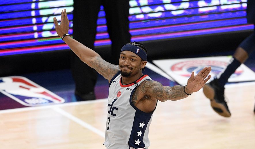 Washington Wizards guard Bradley Beal (3) reacts after he made a 3-point basket during the second half of the team&#x27;s NBA basketball Eastern Conference play-in game against the Indiana Pacers, Thursday, May 20, 2021, in Washington. (AP Photo/Nick Wass)  **FILE**