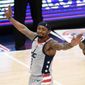 Washington Wizards guard Bradley Beal (3) reacts after he made a 3-point basket during the second half of the team&#39;s NBA basketball Eastern Conference play-in game against the Indiana Pacers, Thursday, May 20, 2021, in Washington. (AP Photo/Nick Wass)  **FILE**