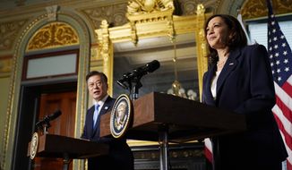 Vice President Kamala Harris meets with South Korean President Moon Jae-in in the ceremonial office in Eisenhower Executive Office Building in the White House complex in Washington, Friday, May 21, 2021. (AP Photo/Andrew Harnik)