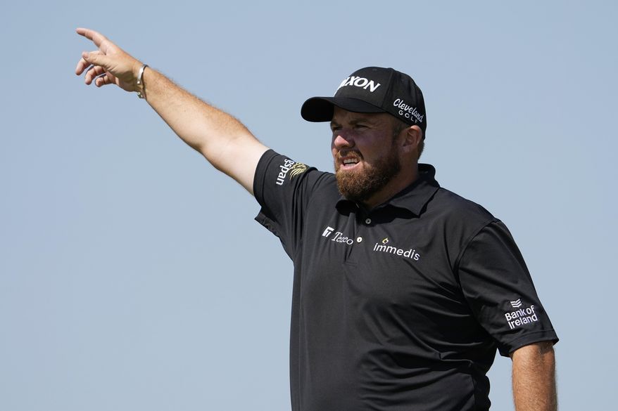 Shane Lowry, of Ireland, points to the direction of an errant tee shot on the 16th hole during the second round of the PGA Championship golf tournament on the Ocean Course Friday, May 21, 2021, in Kiawah Island, S.C. (AP Photo/David J. Phillip) **FILE**