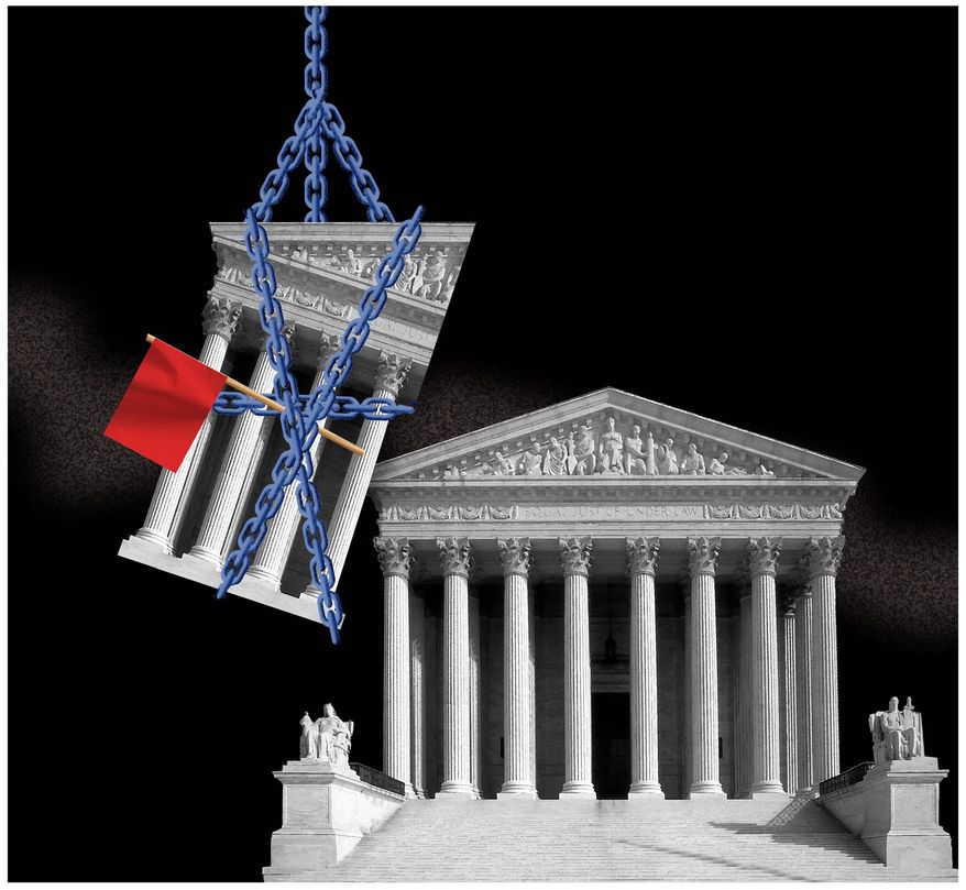 Illustration on Supreme Court packing by Alexander Hunter/The Washington Times
