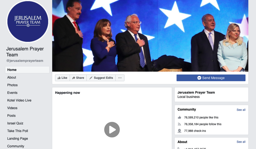 Screen grab from May 18, 2021 shows Jerusalem Prayer Team Facebook page recording nearly 77 million “likes.” The page was removed because the social media giant says it found “inauthentic behavior” on a site its organizers say merely exists to promote prayer. (Screencapture via archive.org)