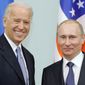 In this March 10, 2011 file photo, then-Vice President  Joe Biden, left, shakes hands with Russian Prime Minister Vladimir Putin in Moscow, Russia. The White House and the Kremlin are working to arrange a summit between President Joe Biden and Russian President Vladimir Putin in Switzerland in June. National Security Adviser Jake Sullivan is meeting with his Russian counterpart in the proposed host city of Geneva this week to finalize details. (RIA Novosti, Alexei Druzhinin/Pool via AP, File)