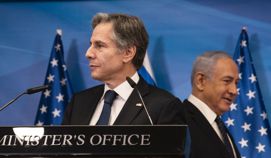 U.S. Secretary of State Antony Blinken meets with Israeli Prime Minister Benjamin Netanyahu in Israel on Tuesday, May 25, 2021. Blinken said the U.S. would work to address the “grave humanitarian situation” in the coastal territory but would also ensure that Gaza‘s militant Hamas rulers do not benefit from reconstruction assistance. (Associated Press)