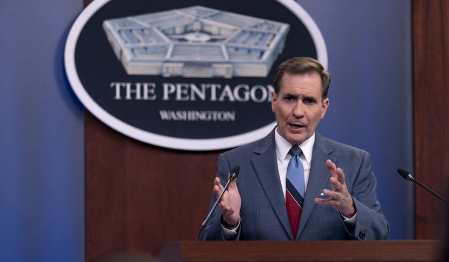 Pentagon spokesman John Kirby speaks during a media briefing at the Pentagon in Washington, Wednesday, May 26, 2021. (AP Photo/Andrew Harnik)
