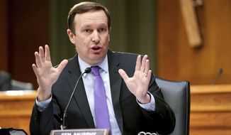 Sen. Chris Murphy, D-Conn., speaks during a Senate Health, Education, Labor, and Pensions hearing on Capital Hill in Washington, in this Tuesday, May 11, 2021, file photo. College athletes would have the right to organize and collectively bargain with schools and conferences under a bill introduced Thursday, May 27, by Democratic lawmakers in the House and Senate.  Sen. Chris Murphy (Conn.) and Sen. Bernie Sanders (Vt.)  announced the College Athletes Right to Organize Act. (Jim Lo Scalzo/Pool via AP, File) **FILE**