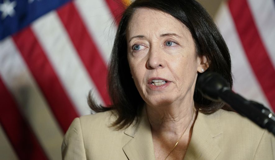 In this May 18, 2021, file photo, Sen. Maria Cantwell, D-Wash., speaks on Capitol Hill in Washington. The Senate is set to approve a big innovation bill aimed at making the U.S. more competitive with China and other countries. (AP Photo/Susan Walsh, File)
