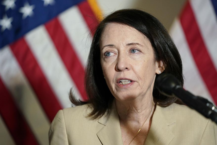 In this May 18, 2021, file photo, Sen. Maria Cantwell, D-Wash., speaks on Capitol Hill in Washington. The Senate is set to approve a big innovation bill aimed at making the U.S. more competitive with China and other countries. (AP Photo/Susan Walsh, File)