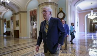 Senate Minority Leader Mitch McConnell, R-Ky., walks to the chamber for final votes before the Memorial Day recess, at the Capitol in Washington, Friday, May 28, 2021. Senate Republicans successfully blocked the creation of a commission to study the Jan. 6 insurrection by rioters loyal to former President Donald Trump. (AP Photo/J. Scott Applewhite)