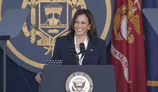 Vice President Kamala Harris speaks at the graduation and commission ceremony at the U.S. Naval Academy in Annapolis, Md., Friday, May 28, 2021. Harris is the first woman to deliver the commencement address at the Naval Academy. (AP Photo/Julio Cortez)
