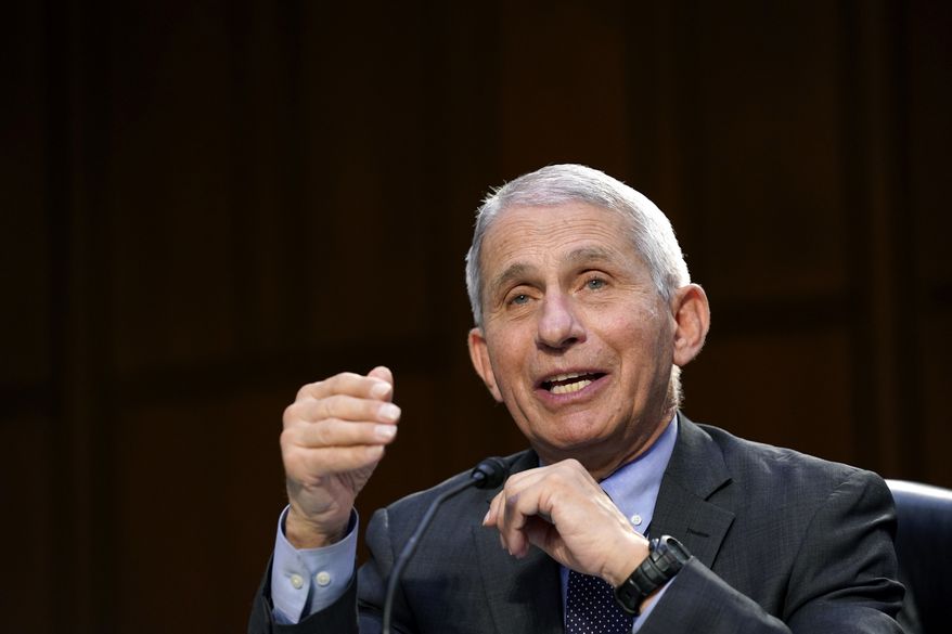 In this March 18, 2021 file photo, Dr. Anthony Fauci, director of the National Institute of Allergy and Infectious Diseases, testifies during a Senate Health, Education, Labor and Pensions Committee hearing on the federal coronavirus response on Capitol Hill in Washington. (AP Photo/Susan Walsh, Pool, File)