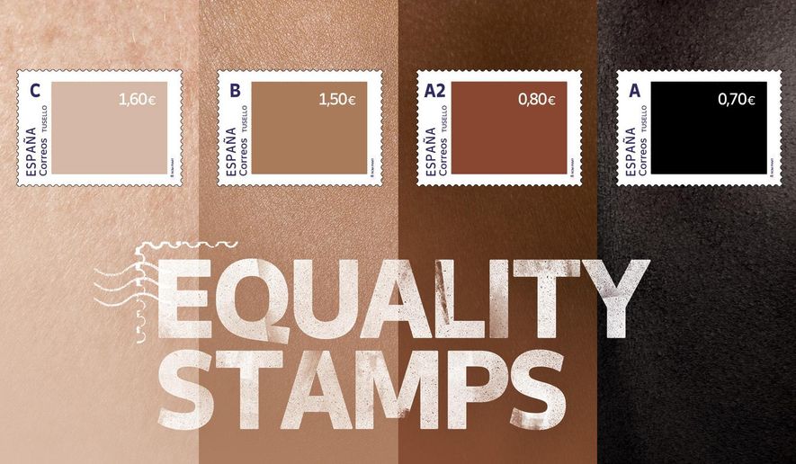 This photo released by Spain&#39;s postal service Correos on Friday May 28, 2021, shows a set of four stamps to signify different skin-colored tones. Spain’s postal service is feeling a backlash from its well-intentioned effort to highlight racial inequality. The company this week issued a set of four stamps in different skin-colored tones. The darker the stamp, the lower the price. The postal service calls them “Equality Stamps” and launched them on the first anniversary of George Floyd’s murder in Minneapolis. It said the stamps “reflect an unfair and painful reality that shouldn’t be allowed.” The state-owned company’s goal was to “shine a light on racial inequality and promote diversity, inclusion and equal rights.” But critics are accusing it of having a tin ear for racial issues and misreading Black sentiment. (Correos via AP)