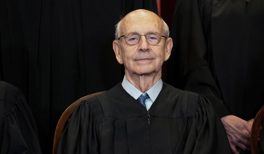 In this April 23, 2021, file photo, Supreme Court Associate Justice Stephen G. Breyer sits during a group photo at the Supreme Court in Washington. (Erin Schaff/The New York Times via AP, Pool) ** FILE **