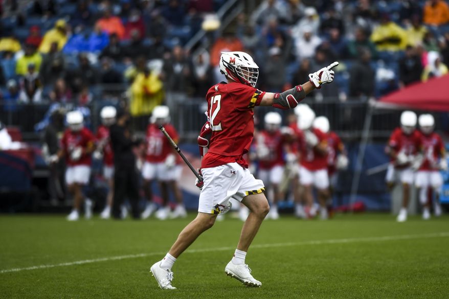 Maryland&#39;s Logan Wisnauskas (12) celebrates a goal against Duke in the semifinals of men&#39;s NCAA Division I college lacrosse tournament at Pratt &amp;amp; Whitney Stadium at Rentschler Field Saturday, May 29, 2021, in East Hartford, Conn. (Kassi Jackson/Hartford Courant via AP) **FILE**