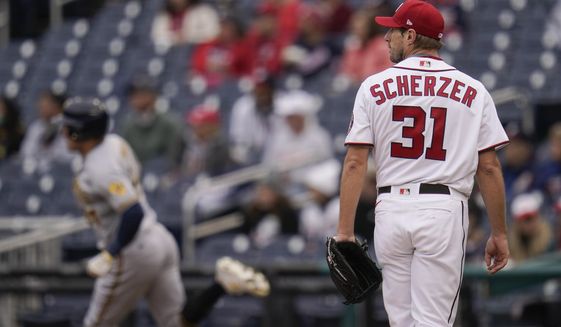 Max Scherzer, shown here earlier this season in a game against the Milwaukee Brewers, may have pitched his last game in a Washington Nationals uniform Thursday. (AP File Photo/Julio Cortez)