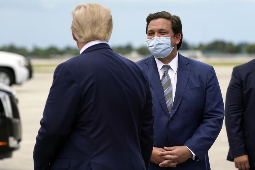 FILE - In this Sept. 8, 2020, file photo President Donald Trump greets Florida Gov. Ron DeSantis as he arrives at West Palm Beach International Airport in West Palm Beach, Fla. Now that the pandemic appears to be waning and DeSantis is heading into his reelection campaign next year, he has emerged from the political uncertainty as one of the most prominent Republican governors and an early White House front-runner in 2024 among Donald Trump&#39;s acolytes, if the former president doesn&#39;t run again. (AP Photo/Evan Vucci, File)