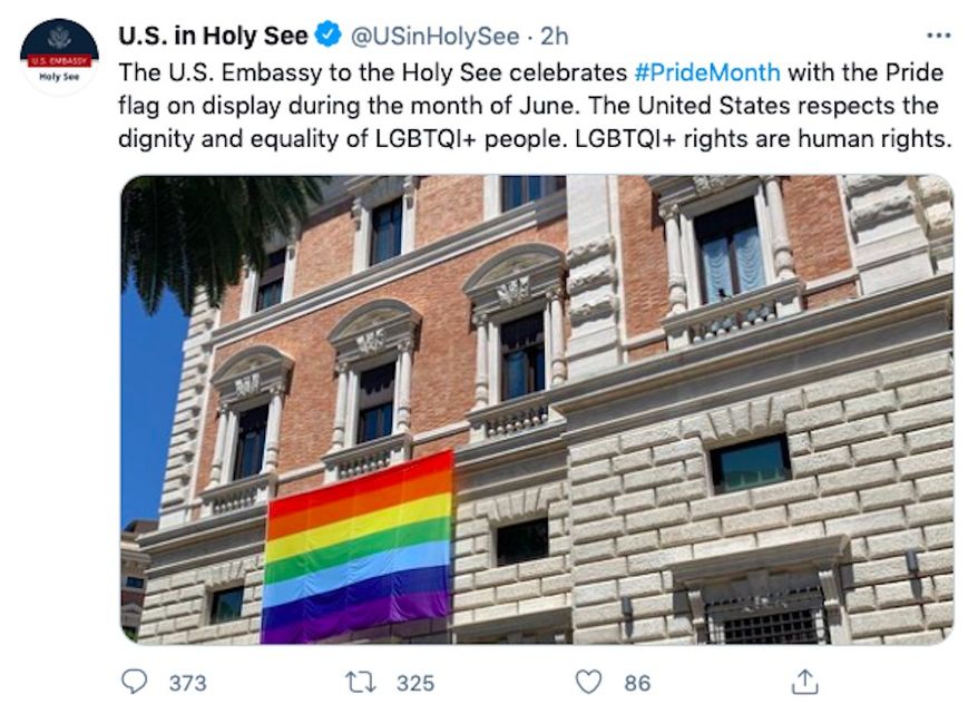 The U.S. Embassy to the Holy See in Rome displayed a rainbow flag in celebration of Pride Month on Tuesday. (Twitter/@USinHolySee)