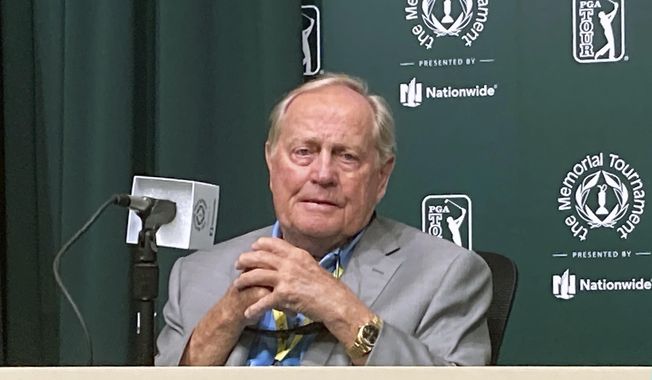 Jack Nicklaus speaks ahead of this week&#x27;s Memorial Tournament at Muirfield Village Golf Club in Dublin, Ohio, Tuesday, June 1, 2021. Nicklaus remains a relevant voice in the game without having played in 16 years. (AP Photo/Doug Ferguson)