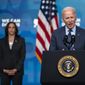 Vice President Kamala Harris listens as President Joe Biden speaks about the COVID-19 vaccination program, in the South Court Auditorium on the White House campus, Wednesday, June 2, 2021, in Washington. (AP Photo/Evan Vucci) **FILE**