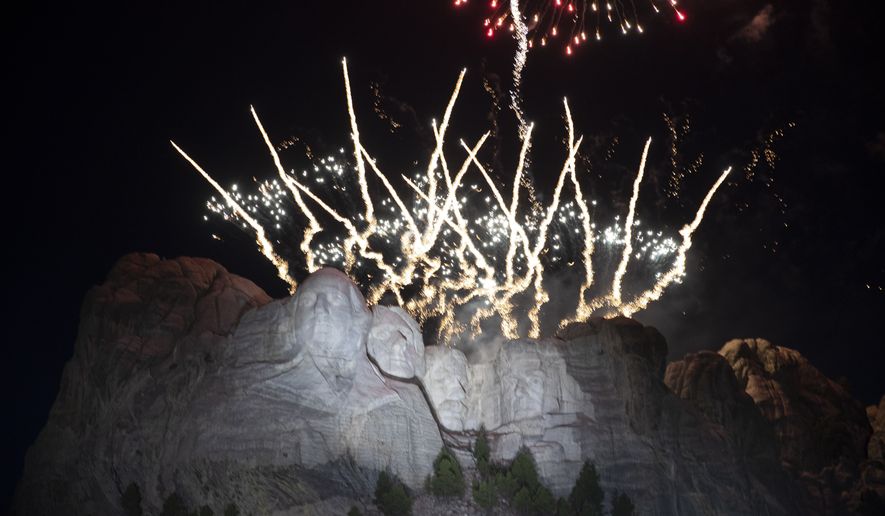 In this July 3, 2020, file photo, fireworks light the sky over the Mount Rushmore National Memorial near Keystone, S.D. A federal judge on Wednesday, June 2, 2021, rebuffed South Dakota Gov. Kristi Noem&#39;s efforts to force the National Park Service to grant the state permission to shoot fireworks from Mount Rushmore National Memorial to celebrate Independence Day this year. (AP Photo/Alex Brandon File)