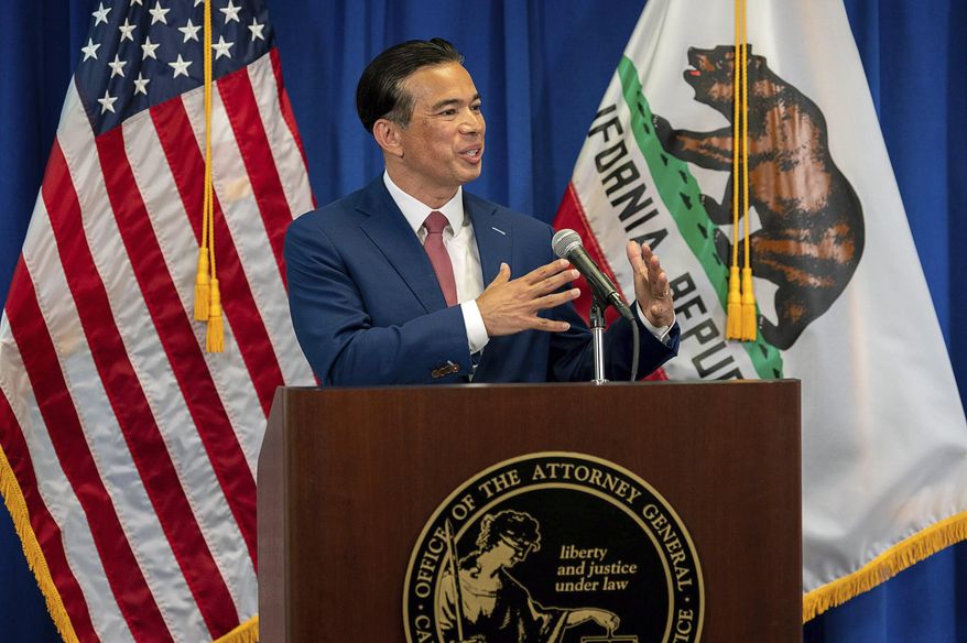 In this April 23, 2021, file photo, California Attorney General Rob Bonta speaks in Sacramento, Calif. Officials from California, New York and other states urged the Environmental Protection Agency June 2, to allow California to set its own automobile tailpipe pollution standards. (Paul Kitagaki Jr./The Sacramento Bee via AP, Pool, File)
