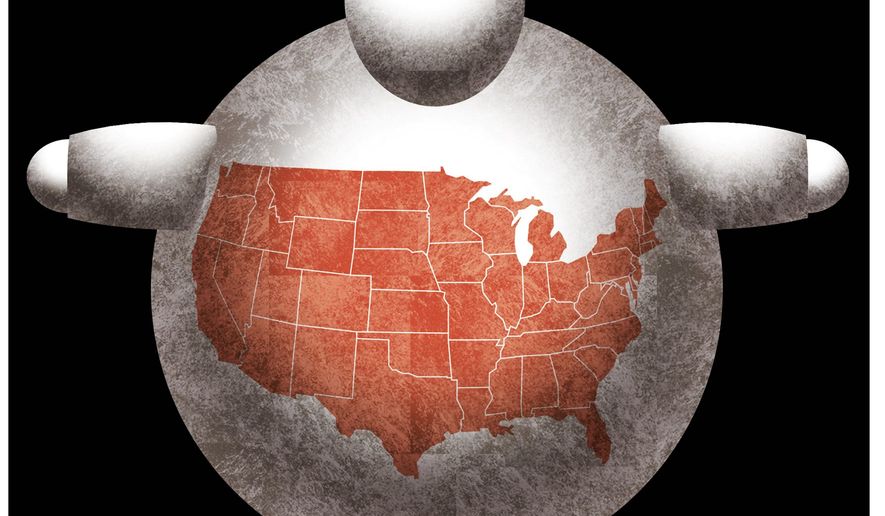 Illustration on the threat of obesity in America by Alexander Hunter/The Washington Times
