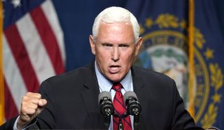 Former Vice President Mike Pence speaks at the annual Hillsborough County NH GOP Lincoln-Reagan Dinner, Thursday, June 3, 2021, in Manchester, N.H. (AP Photo/Elise Amendola)