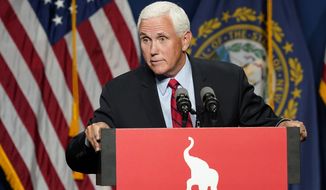 Former Vice President Mike Pence speaks at the annual Hillsborough County NH GOP Lincoln-Reagan Dinner, Thursday, June 3, 2021, in Manchester, N.H. (AP Photo/Elise Amendola) **FILE**