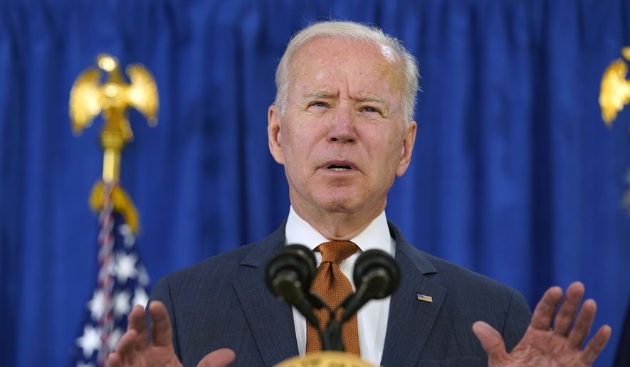 President Joe Biden talks about the May jobs report from the Rehoboth Beach Convention Center in Rehoboth Beach, Del., Friday, June 4, 2021. (AP Photo/Susan Walsh)