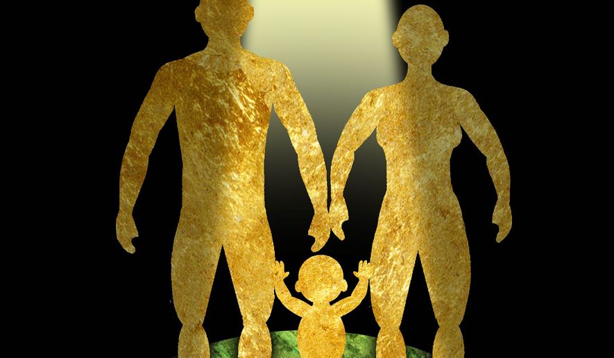 Illustration on the connection between faith and having children by Alexander Hunter/The Washington Times