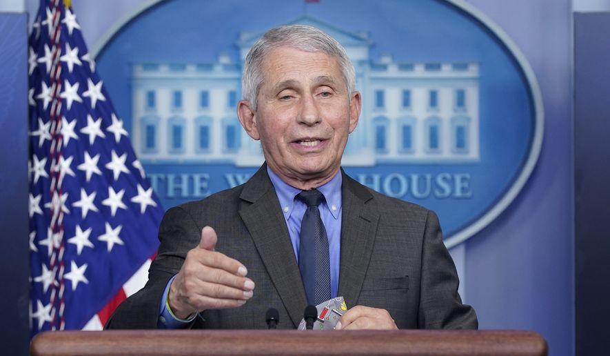 In this April 13, 2021, photo, Dr. Anthony Fauci, director of the National Institute of Allergy and Infectious Diseases, speaks during a press briefing at the White House in Washington. (AP Photo/Patrick Semansky)