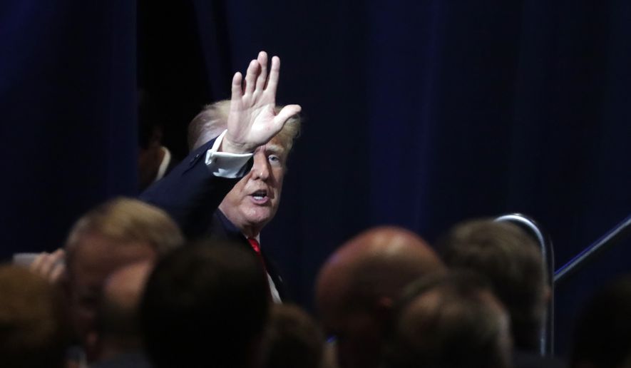 Former President Donald Trump waves to the crowd after he spoke at the North Carolina Republican Convention Saturday, June 5, 2021, in Greenville, N.C. (AP Photo/Chris Seward)