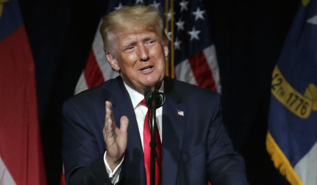 In this file photo, former President Donald Trump speaks at the North Carolina Republican Convention Saturday, June 5, 2021, in Greenville, N.C. (AP Photo/Chris Seward)  **FILE**