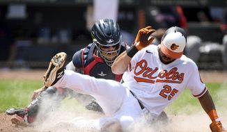 Baltimore Orioles&#39; Anthony Santander, right, slides safely across home plate to score in front of Cleveland Indians catcher Rene Rivera, left, in the fourth inning of a baseball game, Sunday, June 6, 2021, in Baltimore. (AP Photo/Will Newton)