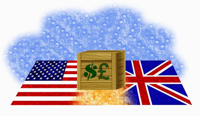 Illustration on new American/British trade by Alexander Hunter/The Washington Times