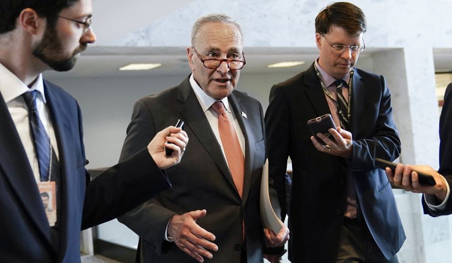 Senate Majority Leader Chuck Schumer of N.Y., talks with reporters on Capitol Hill in Washington, Tuesday, June 8, 2021. (AP Photo/Susan Walsh)
