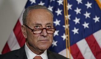 Senate Majority Leader Chuck Schumer of N.Y., talks with reporters on Capitol Hill in Washington, Tuesday, June 8, 2021. (AP Photo/Susan Walsh) ** FILE **